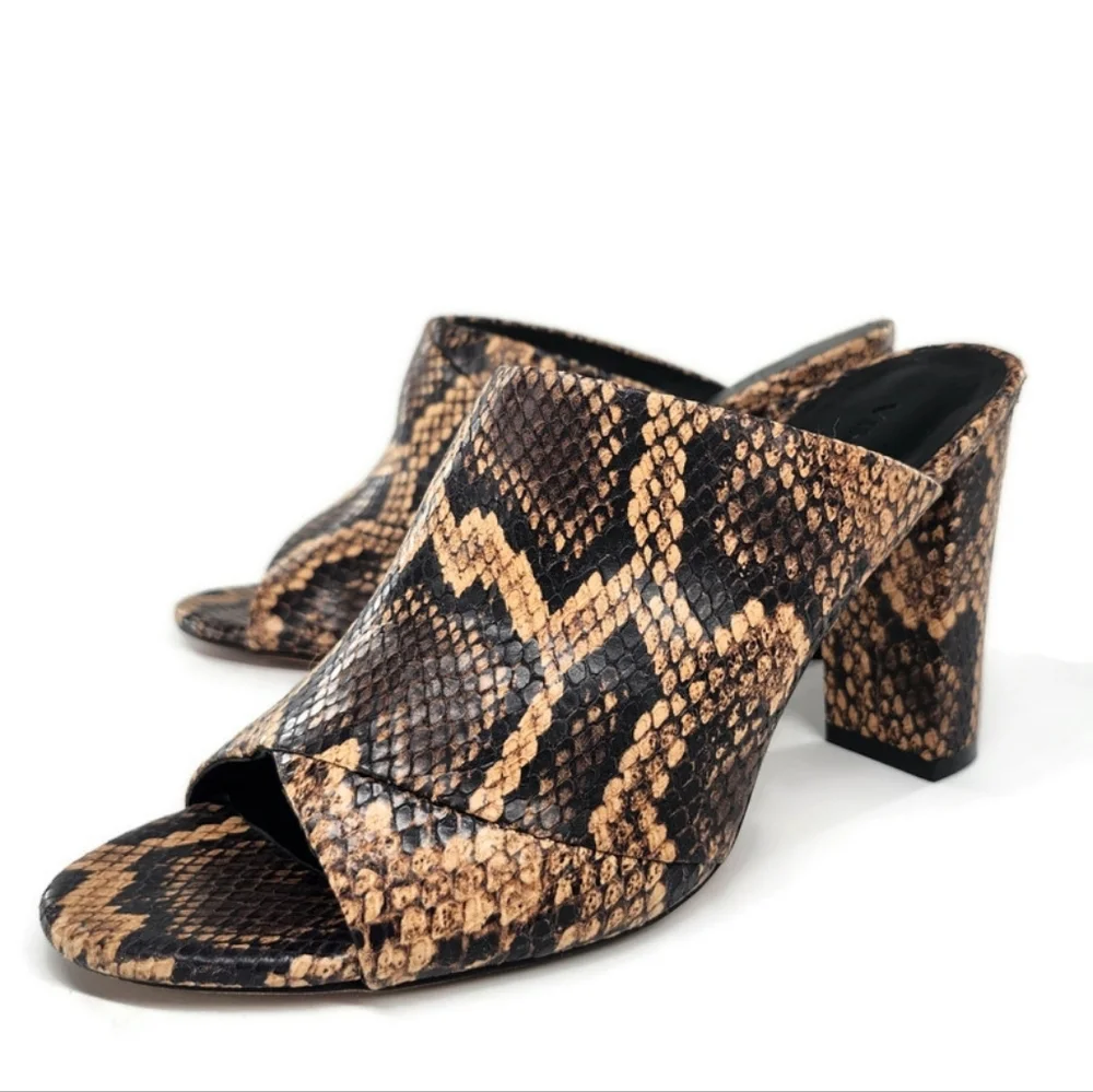 Vince Heath Senegal Tan & Black Snake Print Open-Toe Slide-On Block Heel Mules